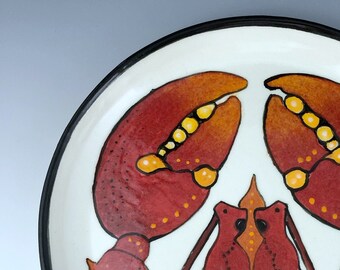 Stylized Red Lobster Hand-painted Plate, Art Plate, Coastal, Beach House Art