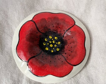 Big Red Poppy Flower Ring Holder, Porcelain Plate