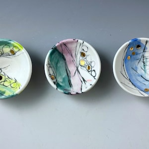 Blue, Green and Black Sketched, Watercolor, Abstract, 22k Gold, Handmade, Porcelain, Art Pottery, ring keeper, small bowl