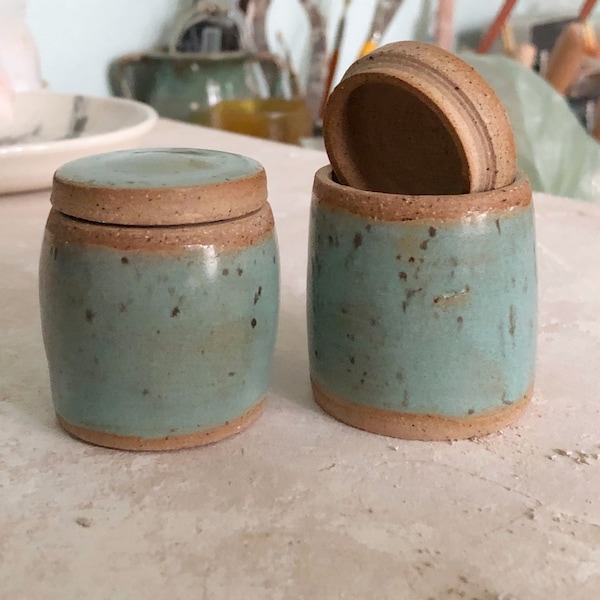 Modern  Blue Green, Small Container, Vessel, Brown Stoneware, Keepsakes, Handmade, Art Pottery