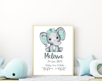 Poster Bild Kinderzimmer Elefant Name zur Geburt, Taufe, Geburtstag