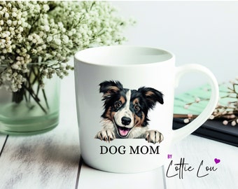 Taza personalizada Dog Mom con perro de raza Collie también con el nombre deseado