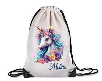 Sports bag school child unicorn with name or desired lettering