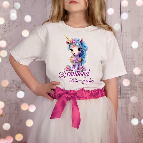 T-Shirt Einhorn Schulkind 2023 mit Name und Jahr zur Einschulung Schulbeginn Geschenk