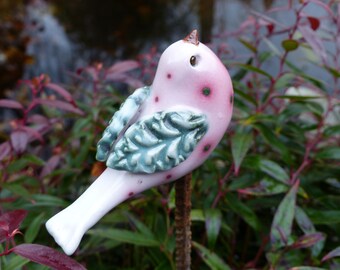 Garden ceramics/souvenirs for garden lovers/ garden figure/bird/ceramic bird pink dotted with green wings