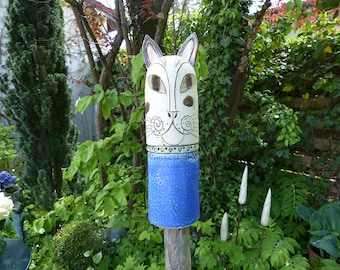Garden ceramics, ceramic cat garden guardian "CAT SUSI" in bright blue matt