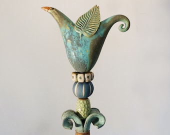 Garden ceramics/Garden highlight/Climbing aid/Garden decoration stick/Floral ceramic object/BIRD STELE/GARDEN STELE in turquoise-green