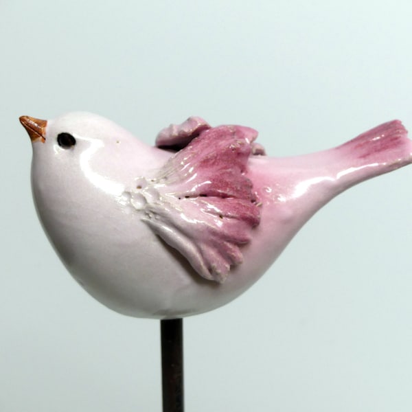 frostfeste Gartenkeramik/Keramikvogel weiß und rosa