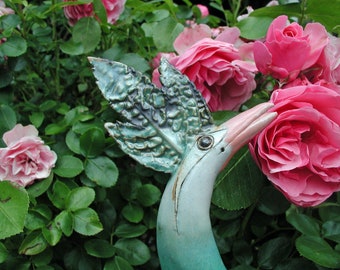 Gartenkeramik/Gartenskulptur/Gartenfigur/Gartenschmuck "PARADIESVOGEL" in leuchtendem matten Türkis