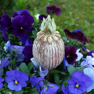 Vorstbestendige keramische tuinbedpaal in de vorm van een vrucht, in roze-groen.