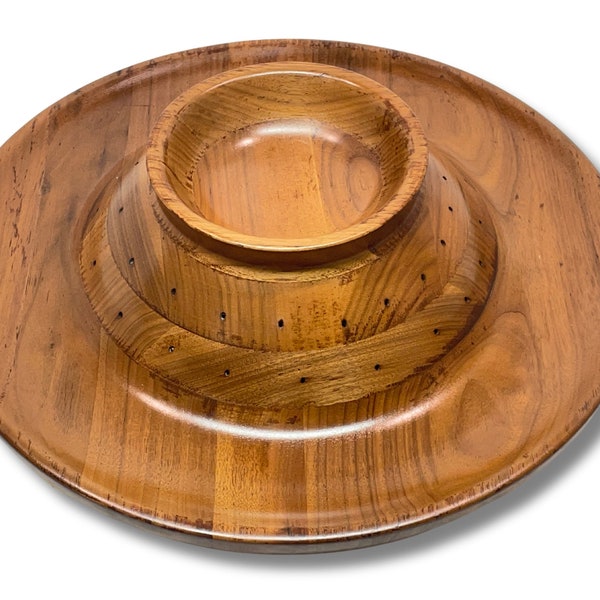 MCM Atomic Design Round Wood Appetizer Dish Toothpick Holders Chip Dip 14"Dia