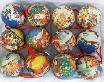 Lot of 12 Paper Mache Retro Vintage Christmas Graphics Hanging Ball Ornaments 3"