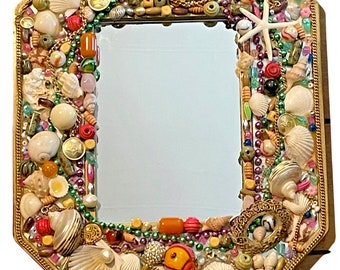 Three Hands Corp Hexagon Mirror 14"H with Found Objects Shells Mardi Gras Beads