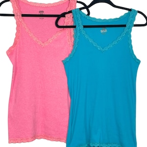Pair of Vtg Y2K Route 66 Lace Edge Cami Tank Tops Aqua & Pink Stretch Knit Fairy