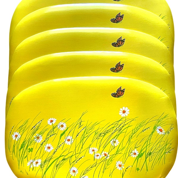 Set of 5 Vtg 70s Yellow Daisy Flower & Butterfly Oval Vinyl Foam Placemats 18"W