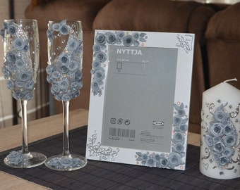 Beautiful glasses for wedding or decoration, wedding glasses, champagne glasses, wedding set, wedding candle, birthday candle, picture frame