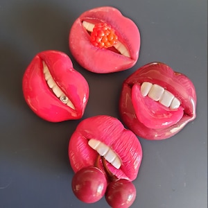 Realistic dark red lips brooch, bite lips brooch, lips jewelry idea gift handmade Christmas gift