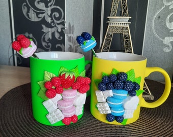 Cup mug with teaspoon,decoration made of polymer clay,decorated mug,unique gift,3D mug,cup educator,flower décor