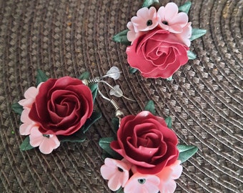 Boucles d’oreilles ornement floral cadeau pour elle Fimo bijoux dété fleur rouge fête des mères cadeau de Pâques cadeau Scmuckset vin cadeau de noël