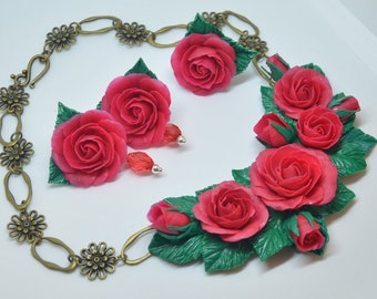 Ketting gemaakt van Fimo Statement Ketting Bloem Set Bloem Decoratie Cadeau voor haar Oorbellen Kerstcadeau