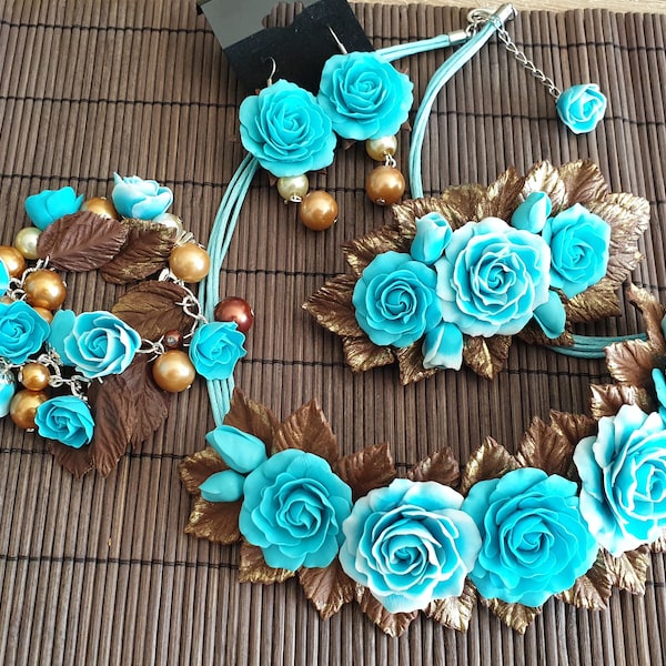 Ensembles de bijoux Collier de Fimo Statement Collier Fleur Ensemble Fleurs Bijoux Cadeau pour eux Boucle d’oreille Bracelet Hair Clip Cadeau de Noël