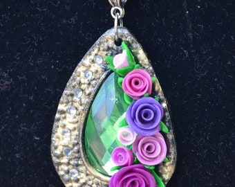 Collar with polymer clay pendant, rose pendant, polymer clay flowers, rose polymer clay, polymer clay rose pendant, flower arrangements