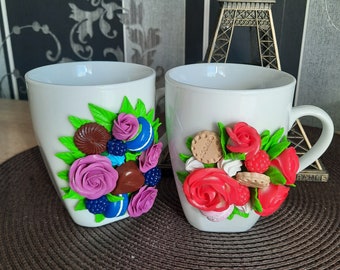 Cup Mok, Decoratie in Polymeer Klei, Versierde Mok, Uniek Cadeau, 3D Mok, Cup Educator, Flower Decor Moederdag Cadeau