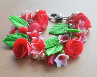 Colorful Bracelet, Flower Bracelet, Floral Bracelet, Polymer Clay Bracelet, Millefiori Bracelet,Romantic Bracelet, Red Bracelet