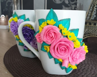 Tasse Becher Deko aus Fimo Polymer Clay Dekorierte Becher Einzigartiges Geschenk 3D Blumendekor Muttertag Ostern Geschenk Ostergeschenk