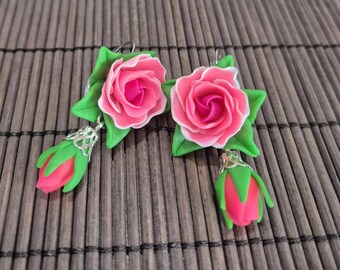 Fimo earrings with polymer clay roses floral jewelry Mother&#39;s Day Birthday Easter Christmas gift