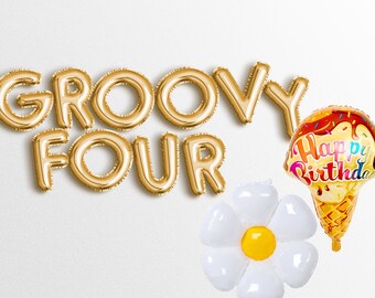 Groovy verjaardag ballon Groovy Four verjaardag 60s verjaardag retro bloemen madeliefje 4e verjaardag partij decor groovy partij decoraties jaren 1960