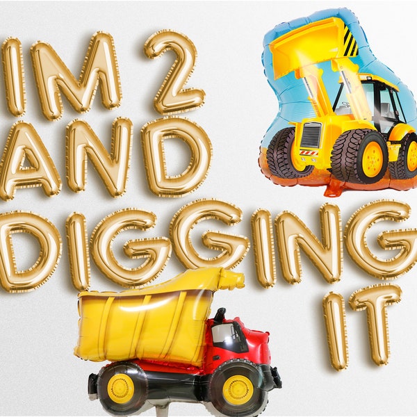 I am 2 two and digging it CONSTRUCTION 16" Letter balloons Banner Rose Gold Silver Banners second Birthday Baby Shower Photo truck Garland