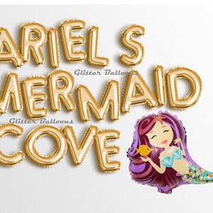 May include: Gold foil letter balloons spelling "Ariel's Mermaid Cove" with a purple mermaid balloon with a yellow fish.