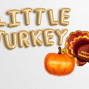 Puede incluir: Globos de lámina dorada que deletrean "Little Turkey" con un globo de pavo marrón y rojo y un globo de calabaza naranja.