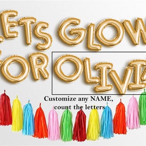 Glow Party banner 16" Globos de letras Let's Lets Glow niñas adolescentes cumpleaños arco iris estrellas Globo banner Nombre personalizado decoraciones niña