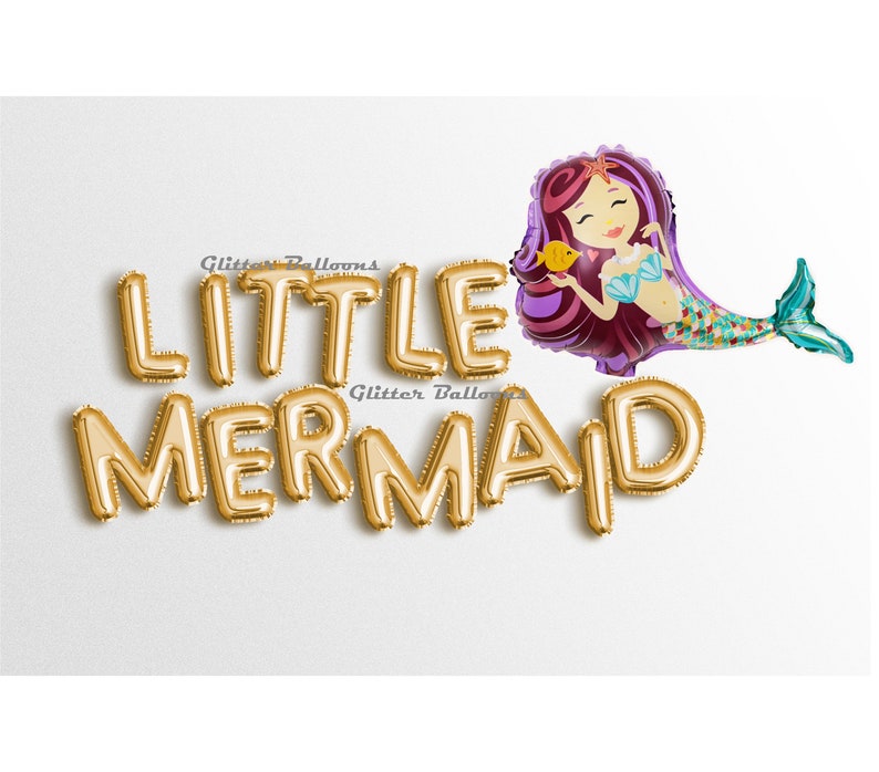Puede incluir: Globos de letras de l&aacute;mina dorada que deletrean "LITTLE MERMAID" con un globo de sirena morado que sostiene un pez amarillo.