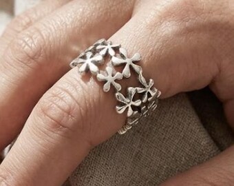 Sterling Silver Flower Ring, Openwork Lace Band, Botanical Filigree Statement Ring