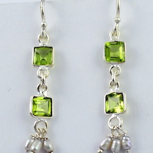 Peridot Silver Dangle Earrings with Freshwater Pearls |August Birthstone Jewelry |Handmade Sterling Silver Earrings Gift for Her |Boho Drops