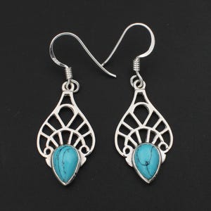 Turquoise Earrings, Boho Long 925 Sterling Silver Dangly Earrings, Blue Gemstone, Nepali Earrings, Earring Oval Shape, Wedding Jewelry, Gift