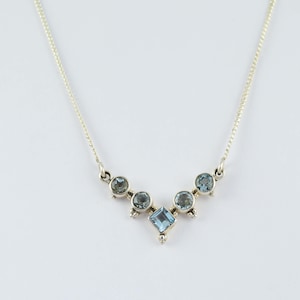 Boho Sterling Silver Blue Topaz Necklace | Handmade Square & Round Cut Gemstone Pendant | Elegant December Birthstone Jewelry | Silver Set