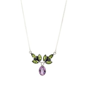 Amethyst & Peridot Sterling Silver Necklace – Leaf Design Gemstone Pendant, February - August Birthstone Gift, Nature-Inspired Jewelry- Gift
