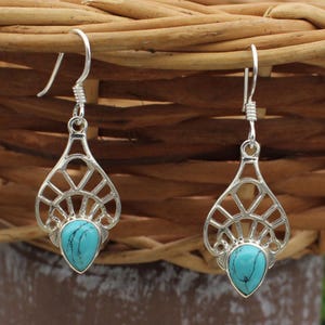 Oval Turquoise Earrings, Boho Long 925 Sterling Silver Dangly Earrings, Blue Gemstone, Nepali Earrings, Earring Shape, Wedding Jewelry, Gift