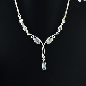 Sterling Silver Rainbow Moonstone & Blue Topaz Necklace | Handmade Gemstone Pendant | BRB Silver Set | Boho Elegant Jewelry | Gift For Her