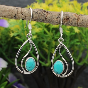 Turquoise Earrings, Boho Long 925 Sterling Silver Dangly Earrings, Blue Gemstone, Nepali Earrings, Earring Oval Shape, Wedding Jewelry, Gift