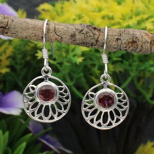 Sterling Silver Garnet Dangle Earrings, Asymmetric Gemstone Jewelry