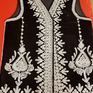 Afghan Traditional men&#39;s Black velvet vest with heavy Silver braided embroidery