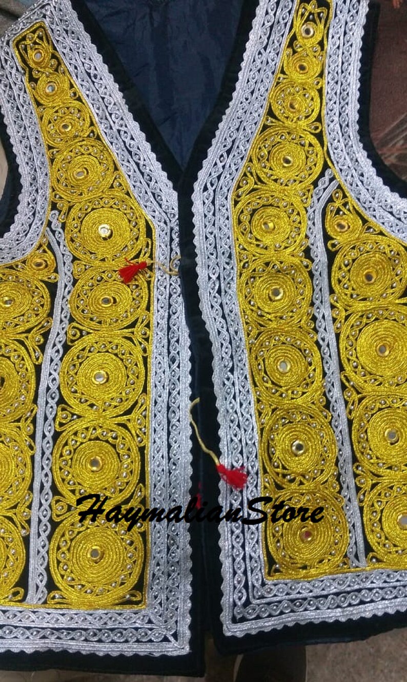 Afghan Traditional men/'s Black velvet vest with heavy gold braided embroidery