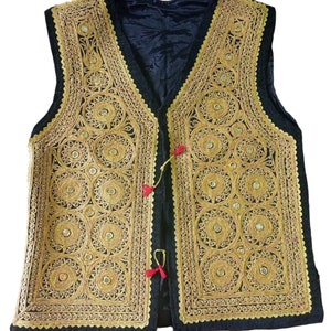 Afghan Traditional men's Black velvet vest with heavy gold Silver braided embroidery