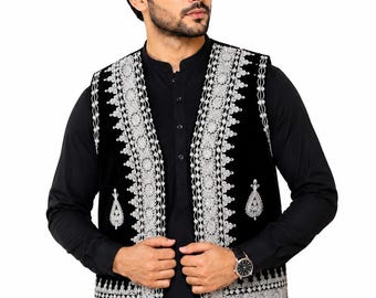 Handmade Afghan Men Black Velvet Vest Kuchi Embroidered Waistcoat Traditional Ethnic Boho Festival Clothing