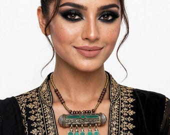 Afghan Taveez Necklace | Green Choker Pendant, Kuchi Tribal Statement Jewelry